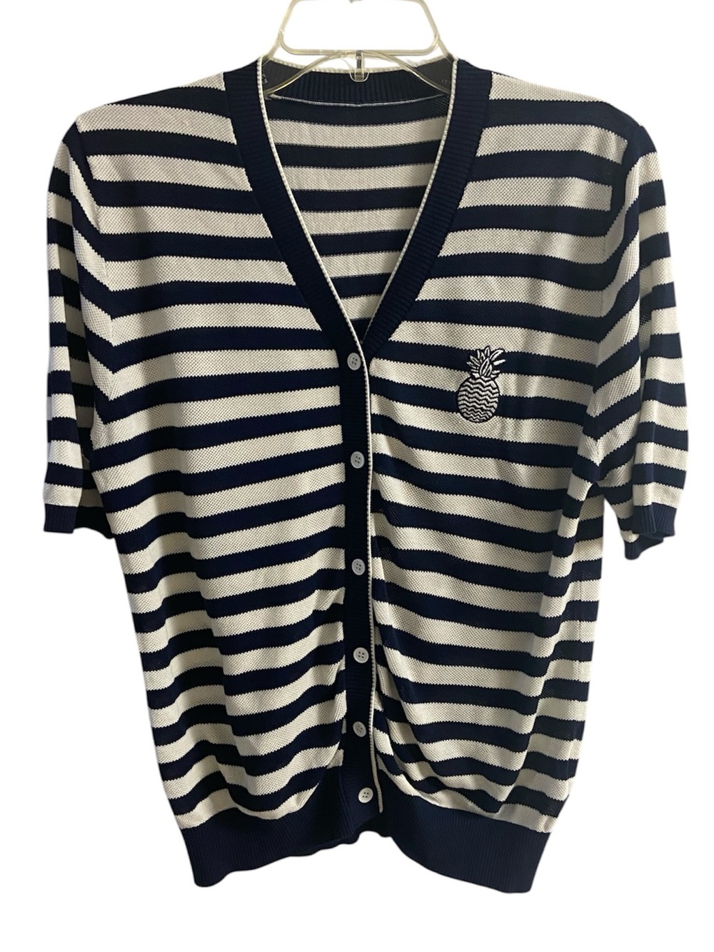 J.Crew Cardigan Sweater Large Navy White Striped V-Neck - Picture 1 of 5